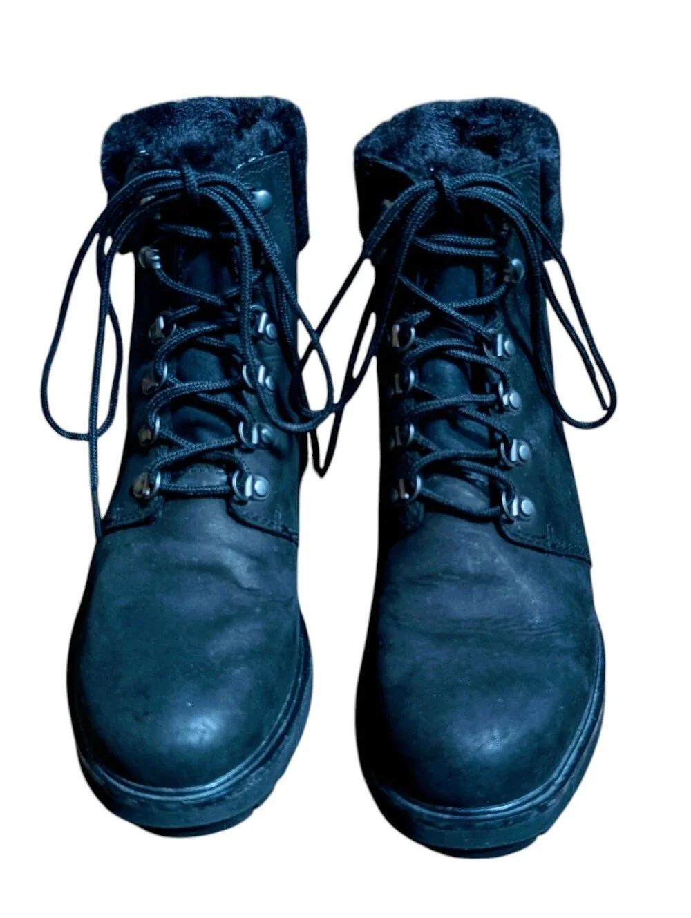 Timberland Kinsley Leather Black Lace-Up Ankle Boots With Faux Fur Collar